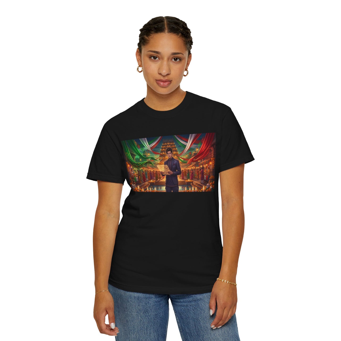 T-Shirt — Dragon Temple Night Scene Graphic Tee (Monk with Dragons)