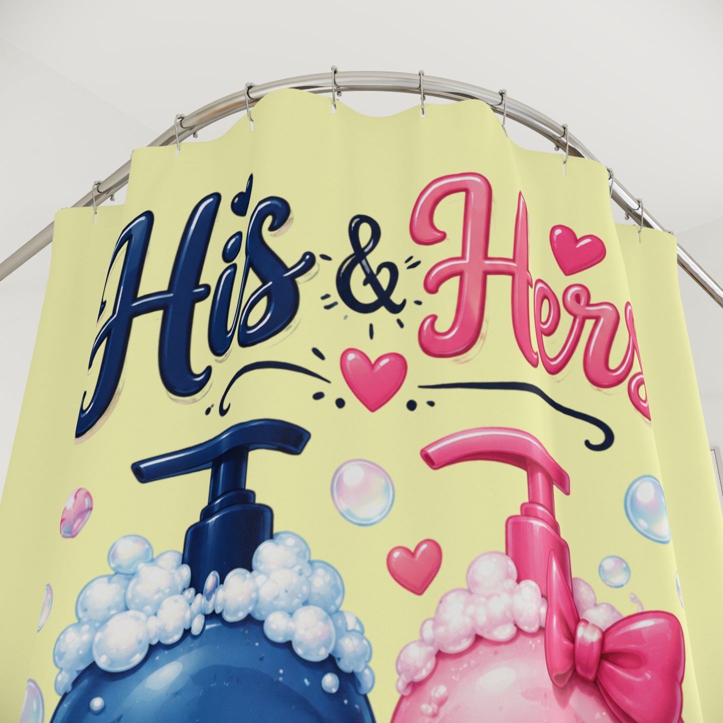His & Hers Shower Curtain – Cute Blue & Pink Body Wash Design with Hearts and Rubber Duck