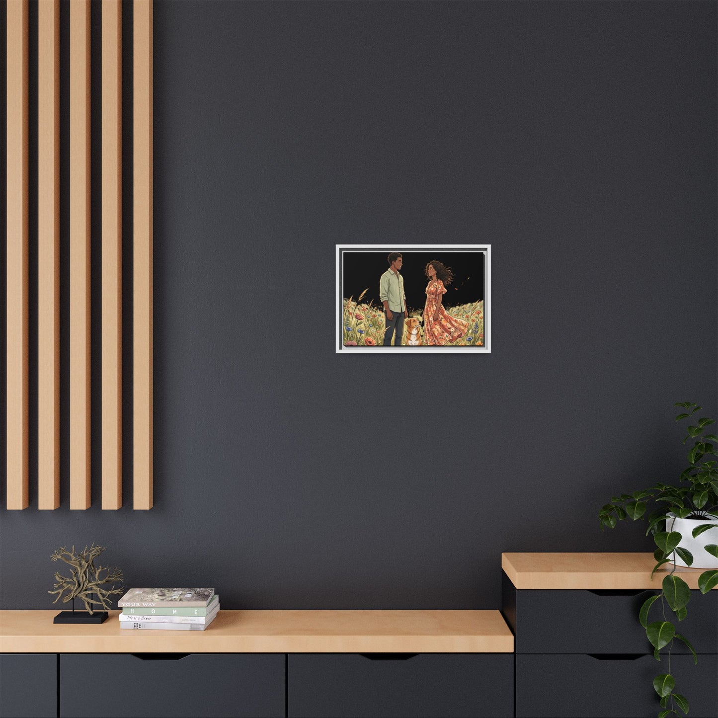 Framed Matte Canvas Print — Romantic Couple in Wildflower Field (Multi‑Color)