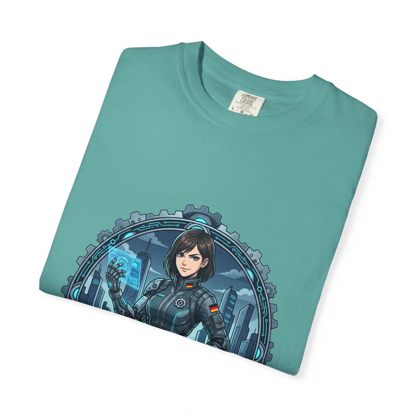 Cyber Ninja Graphic T-Shirt — Futuristic Female Warrior Illustration