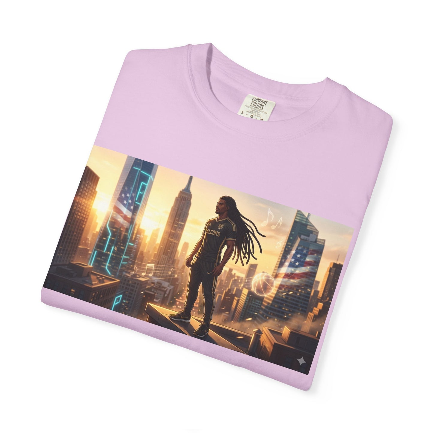 Cyberpunk Cityscape T-Shirt — Silhouette Hero at Sunset