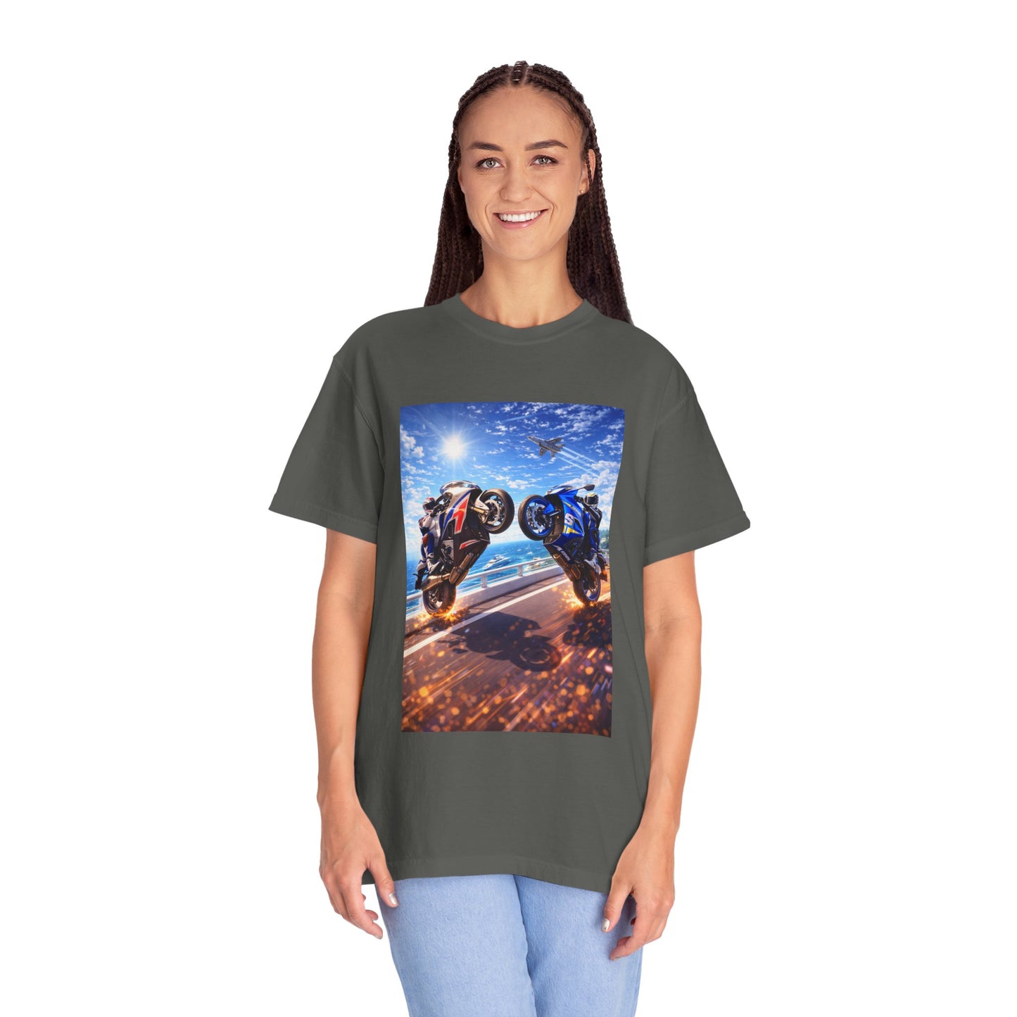 Stunt Riders Motorcycle T-Shirt — Two Bike Wheelie Racing Graphic Tee
