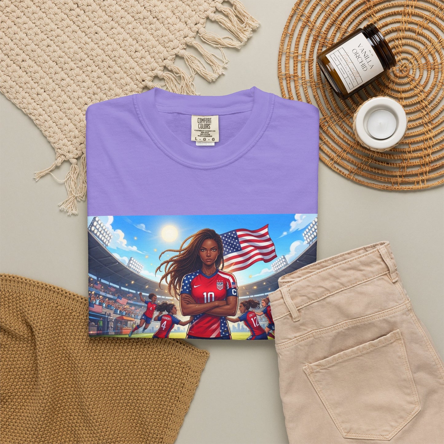 Soccer Mom USA T-Shirt — Female Soccer Player with American Flag Stadium Graphic