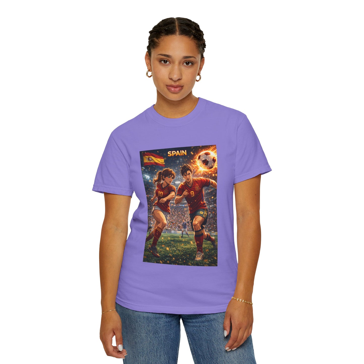 Spain Soccer Graphic T-Shirt — Retro Match Scene with Flag