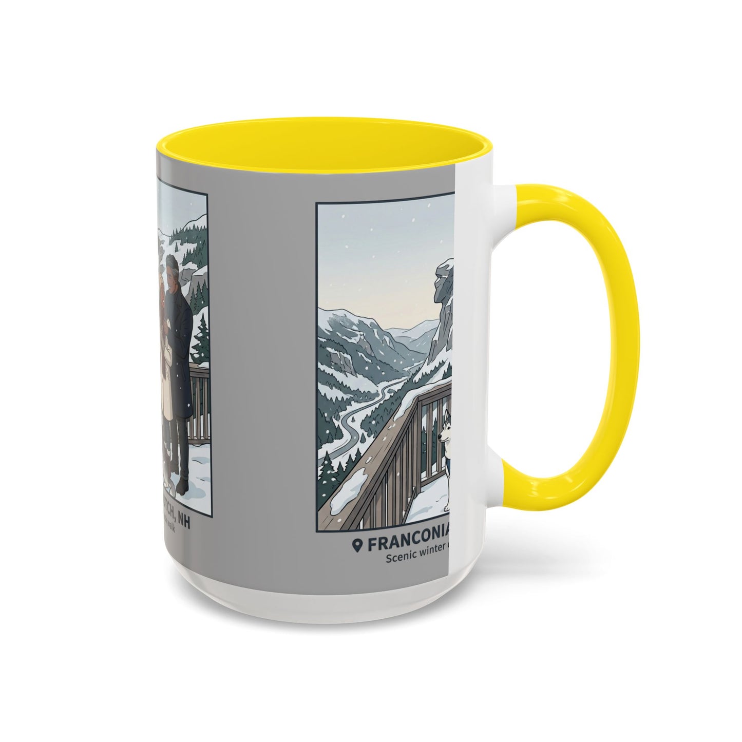Franconia Notch Scenic Winter Mug — Couples & Dog Snowy Overlook Coffee Cup (11/15oz)