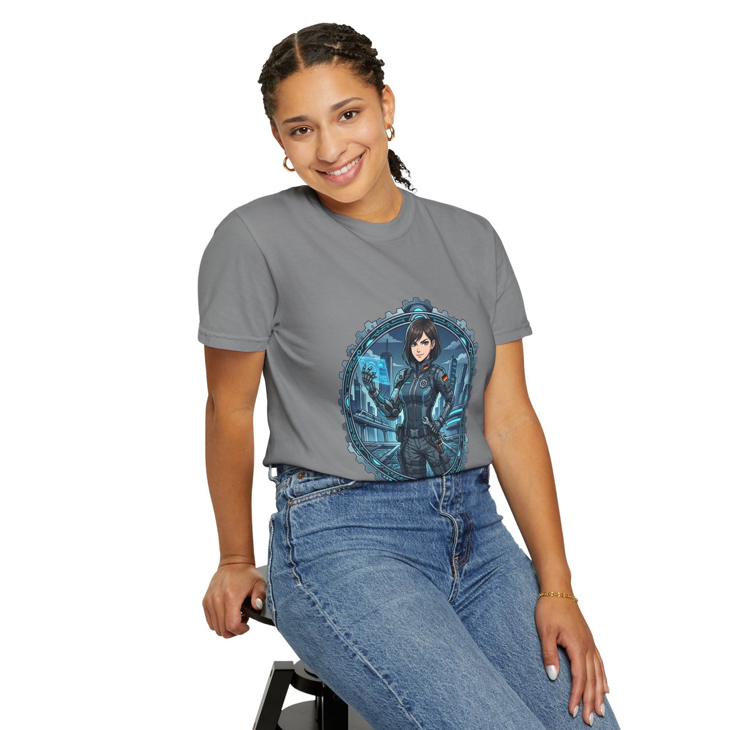 Cyber Ninja Graphic T-Shirt — Futuristic Female Warrior Illustration
