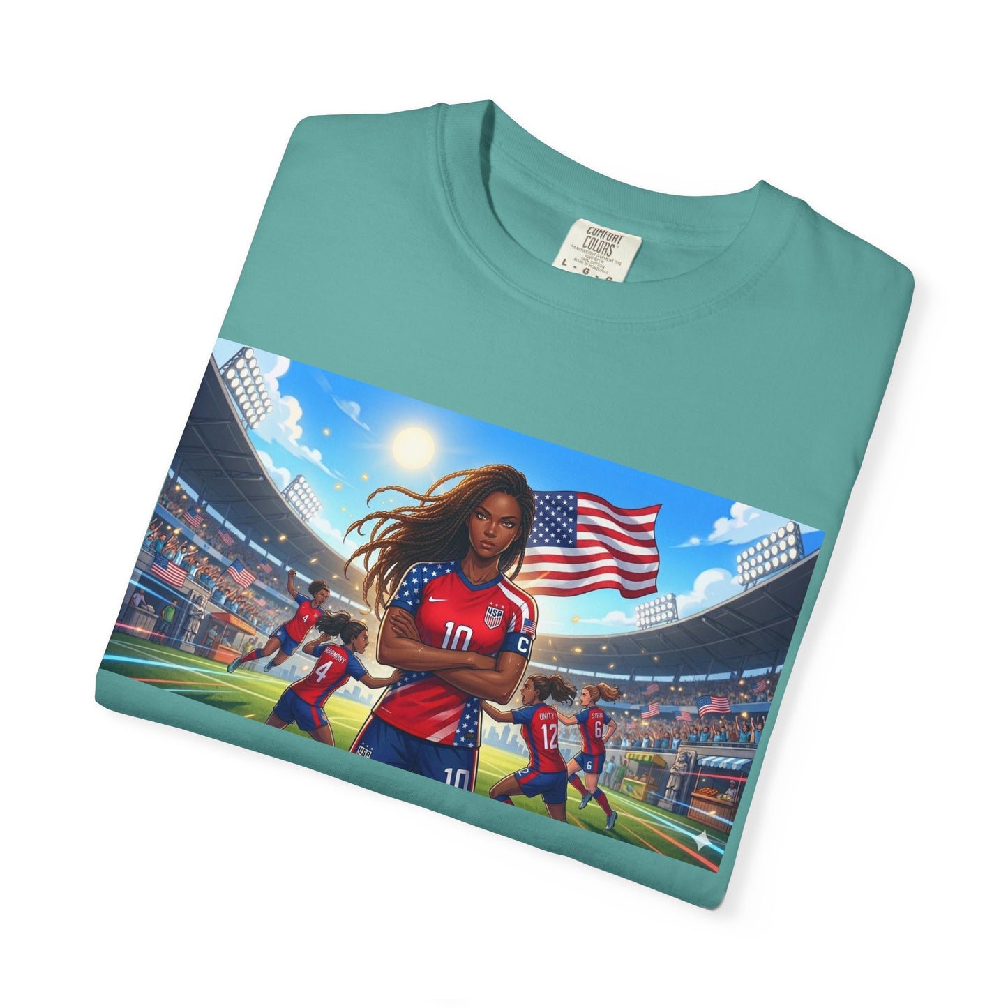 Soccer Mom USA T-Shirt — Female Soccer Player with American Flag Stadium Graphic