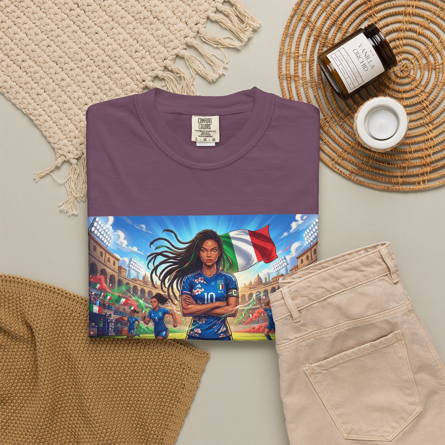 Italian Soccer Fan T‑Shirt – Inspirational Female Player with Italy Flag Stadium Print