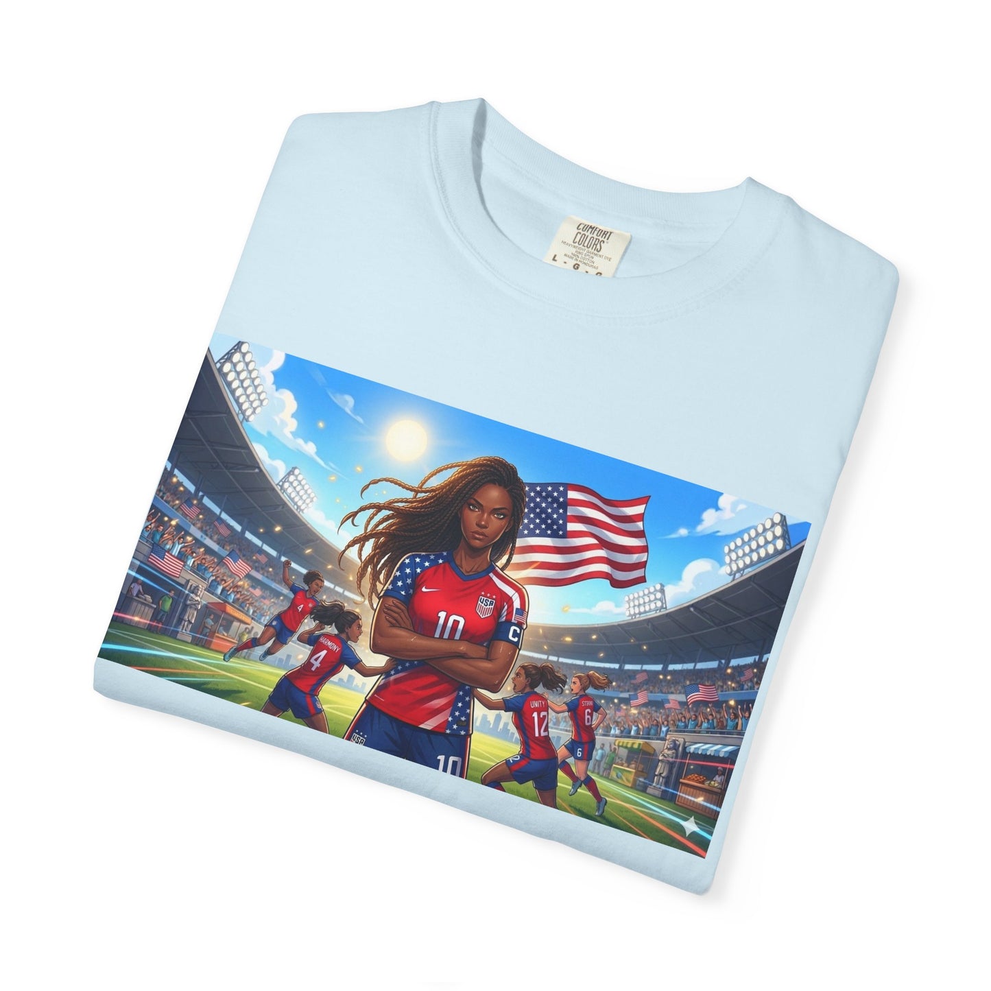 Soccer Mom USA T-Shirt — Female Soccer Player with American Flag Stadium Graphic