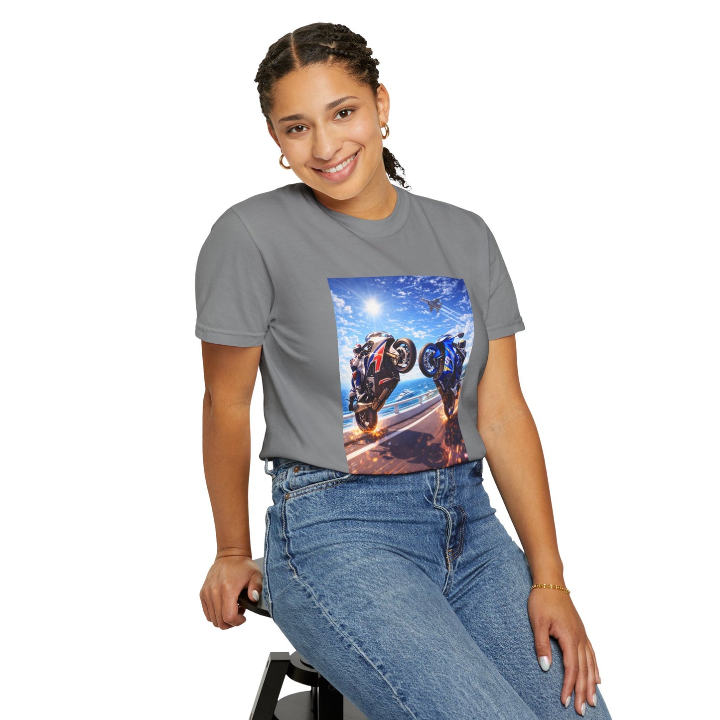 Stunt Riders Motorcycle T-Shirt — Two Bike Wheelie Racing Graphic Tee