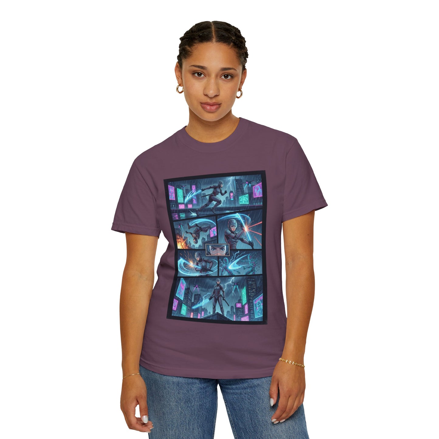 Cyberpunk Girl Samurai T-Shirt — Neon Manga Panel Graphic Tee