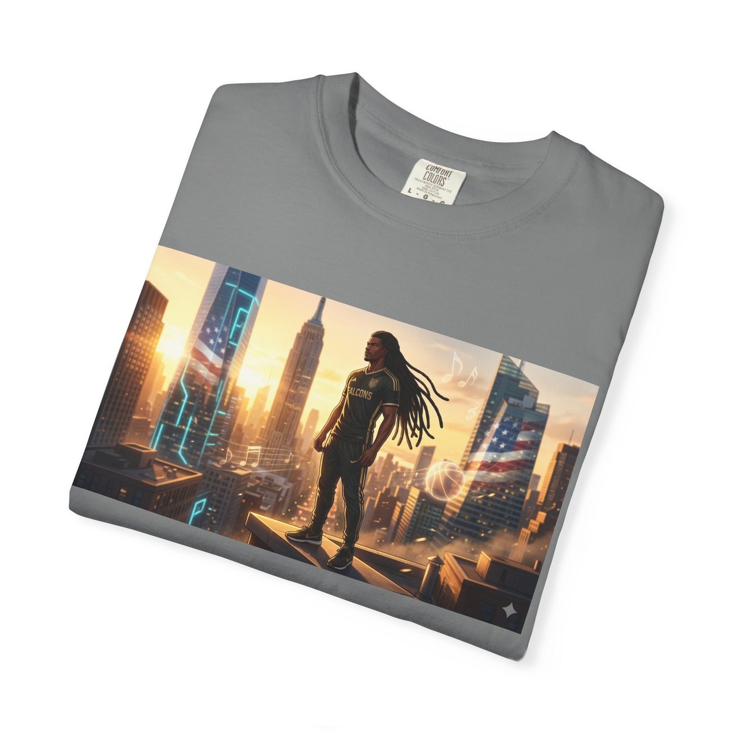 Cyberpunk Cityscape T-Shirt — Silhouette Hero at Sunset