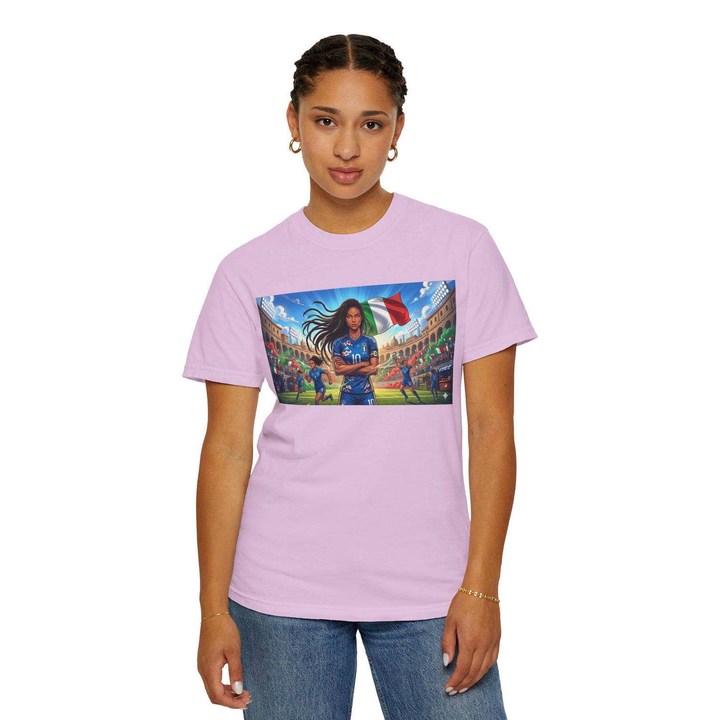 Italian Soccer Fan T‑Shirt – Inspirational Female Player with Italy Flag Stadium Print
