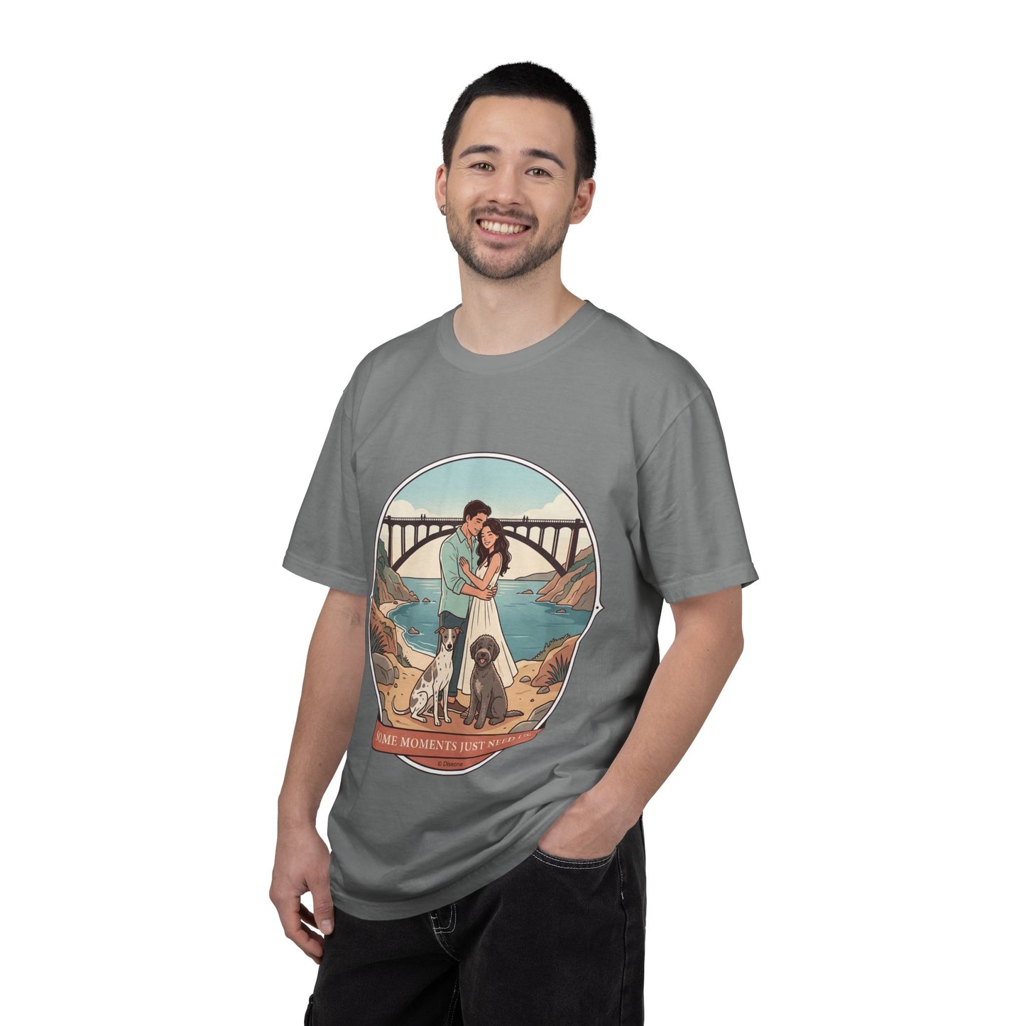 T-Shirt — Romantic Coastal Couples Tee “Some Moments Are Forever” with Dogs