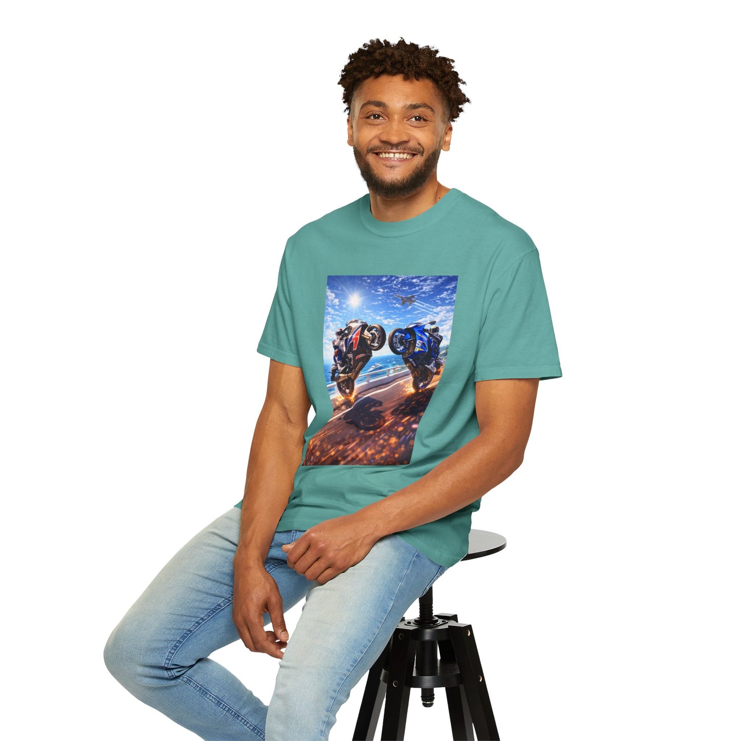 Stunt Riders Motorcycle T-Shirt — Two Bike Wheelie Racing Graphic Tee