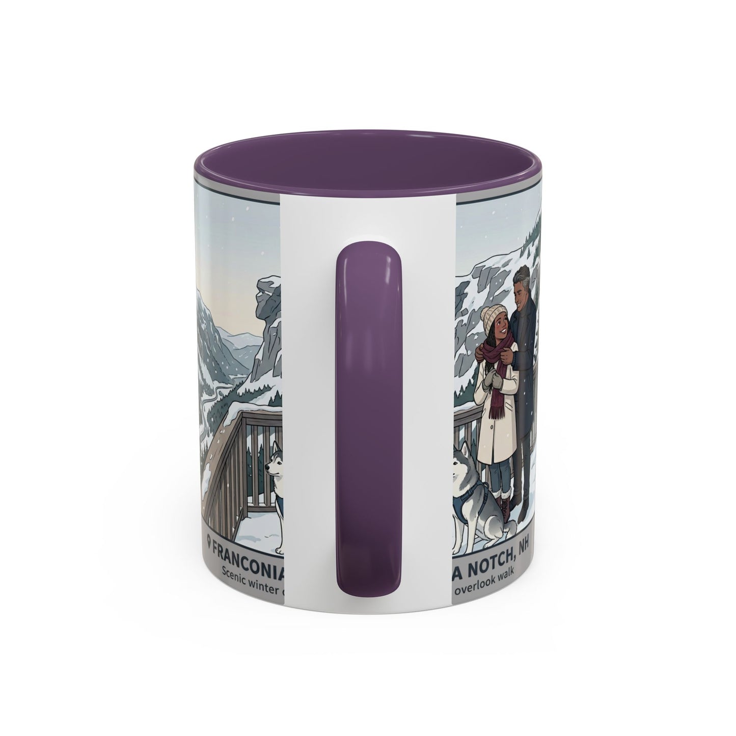 Franconia Notch Scenic Winter Mug — Couples & Dog Snowy Overlook Coffee Cup (11/15oz)