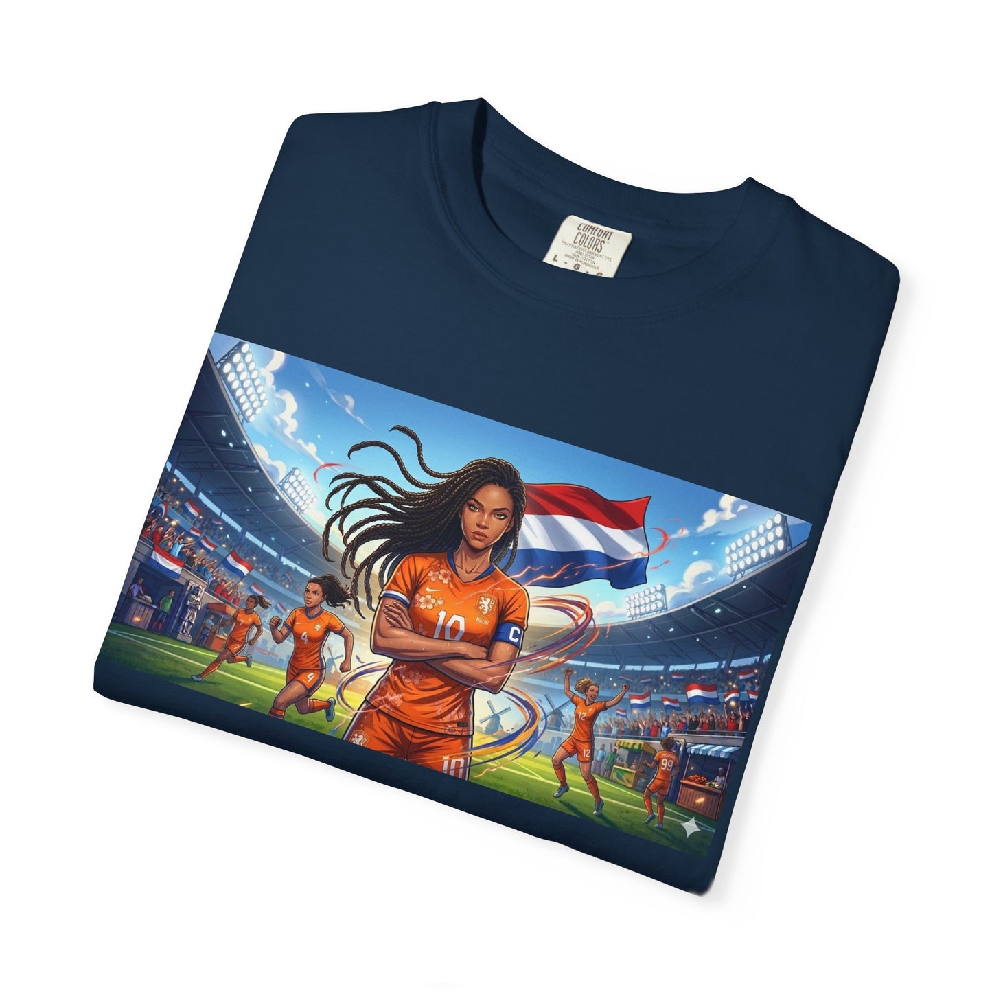 Soccer Warrior T-Shirt — Netherlands Female Captain with Flag Stadium Graphic