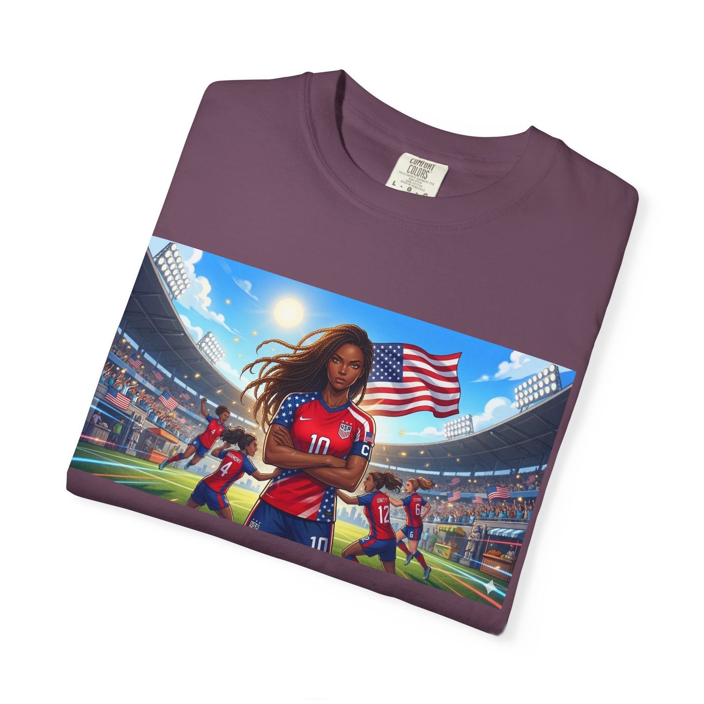 Soccer Mom USA T-Shirt — Female Soccer Player with American Flag Stadium Graphic