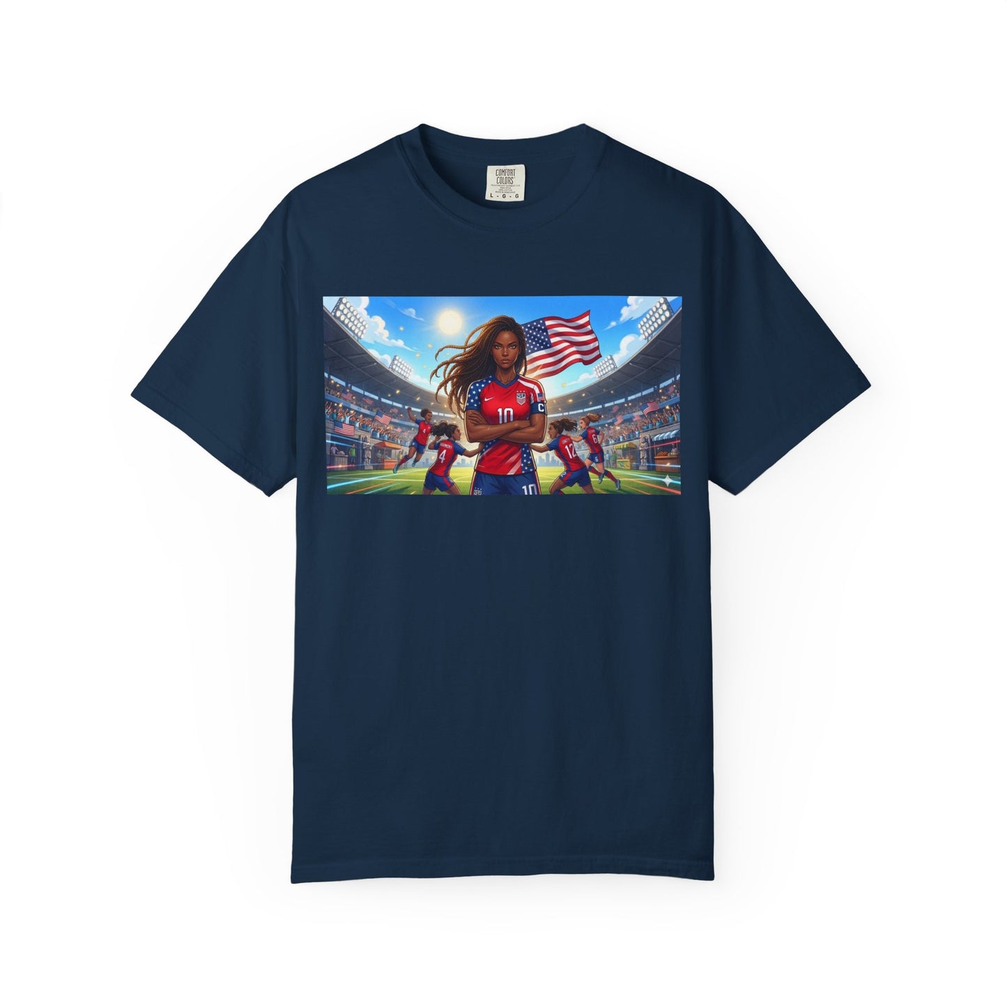 Soccer Mom USA T-Shirt — Female Soccer Player with American Flag Stadium Graphic