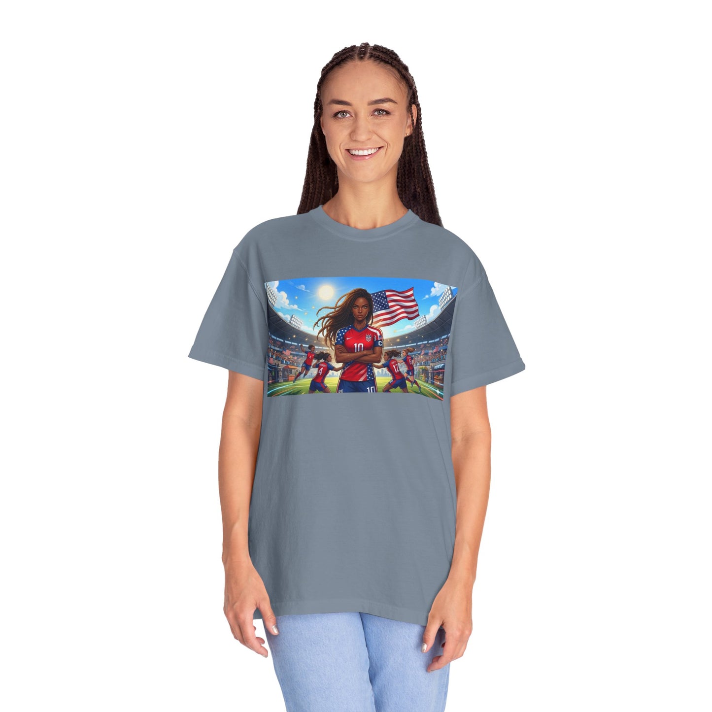 Soccer Mom USA T-Shirt — Female Soccer Player with American Flag Stadium Graphic
