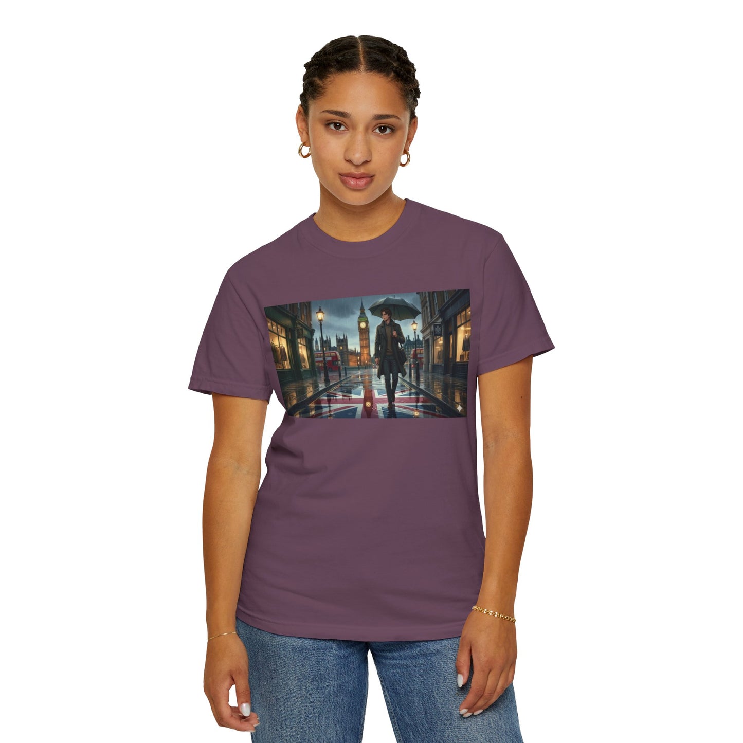 T-Shirt — Rainy London Street Scene Graphic Tee (Big Ben, Umbrella, Night Cityscape)