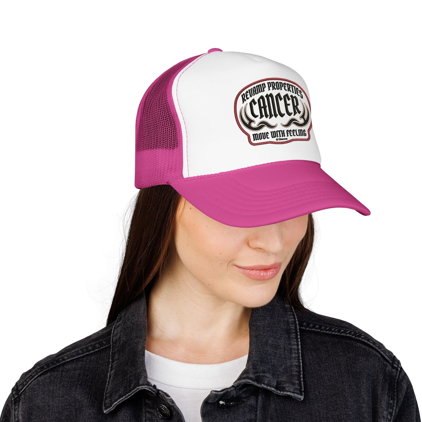 Cancer Zodiac Trucker Hat — Vintage Embroidered Skull & Crab Design