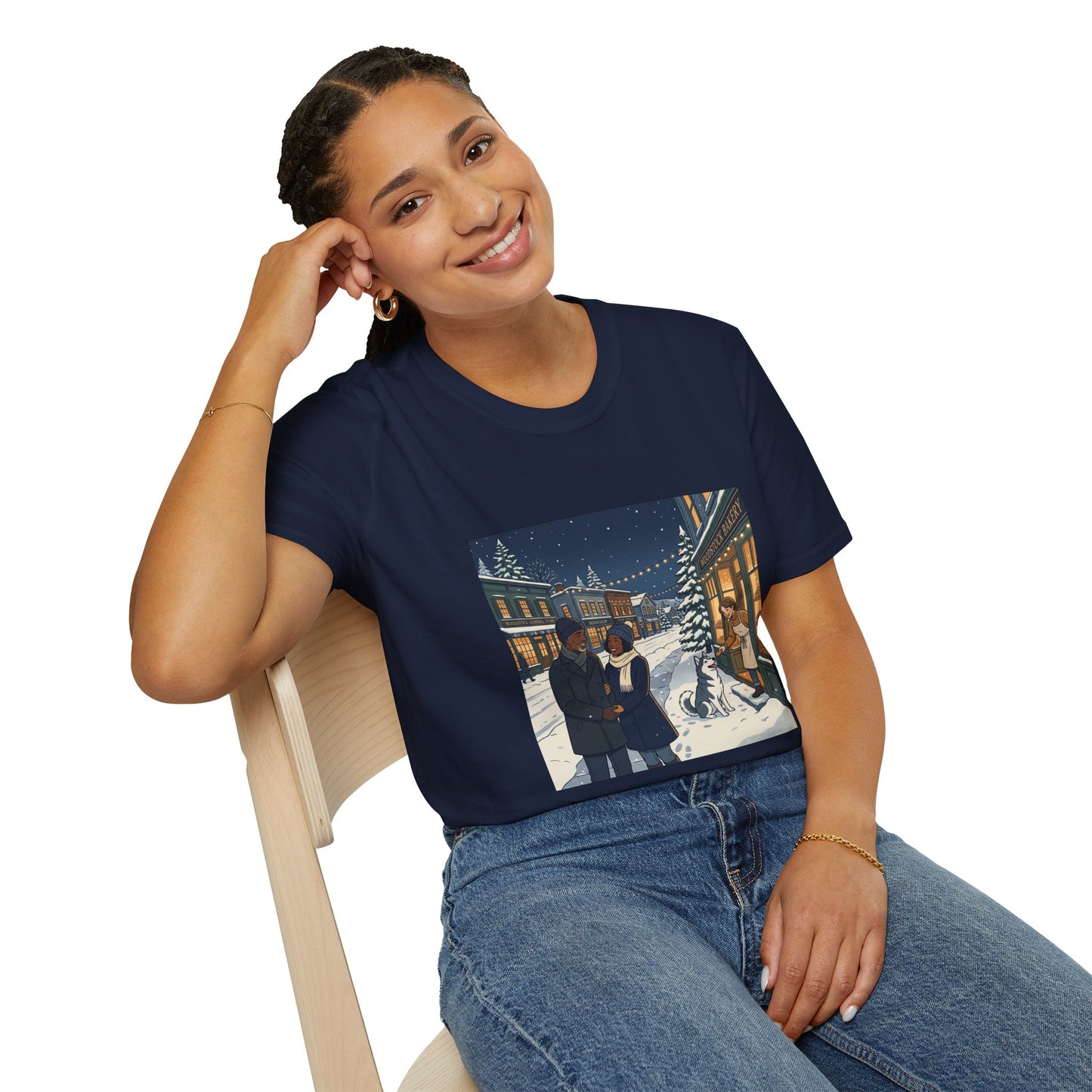 Winter String Lights Stroll T-Shirt — Cozy Holiday Street Scene Graphic Tee