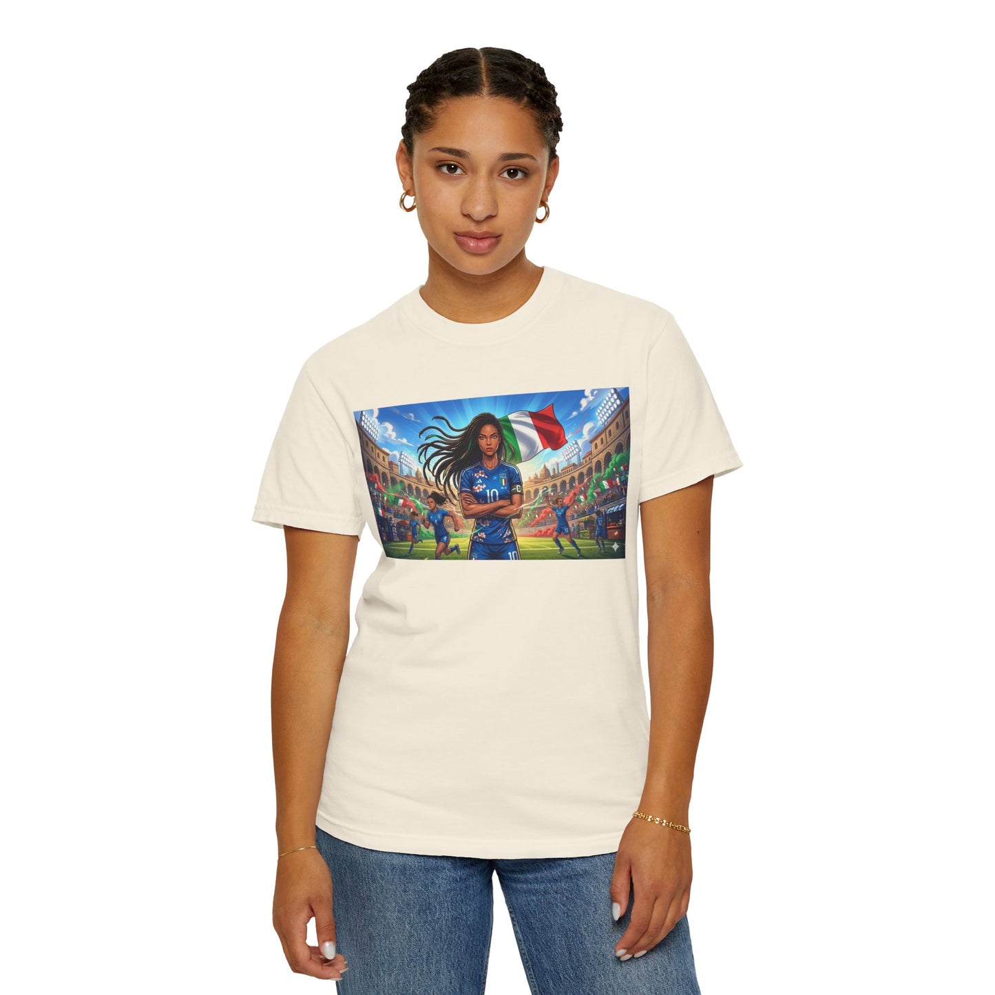 Italian Soccer Fan T‑Shirt – Inspirational Female Player with Italy Flag Stadium Print