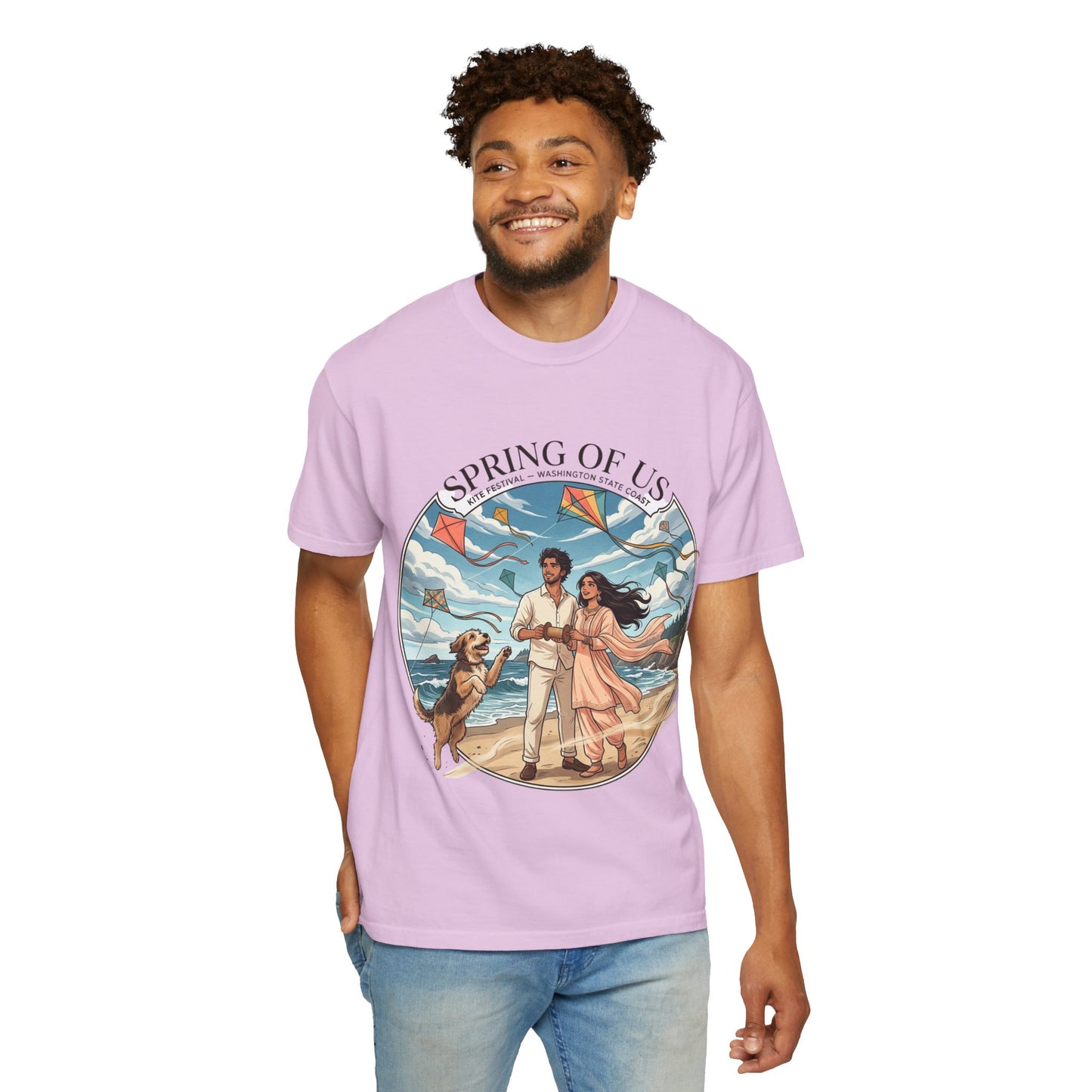 Spring of Us T-Shirt — Romantic Beach Couple Illustration with Dog
