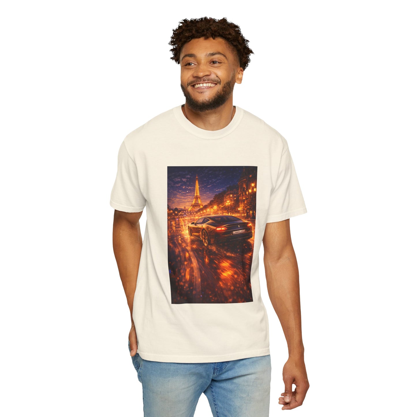 Paris Night Drive T-Shirt — Sports Car in Rainy Cityscape