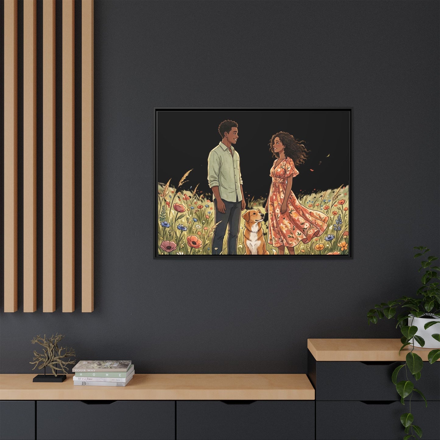 Framed Matte Canvas Print — Romantic Couple in Wildflower Field (Multi‑Color)