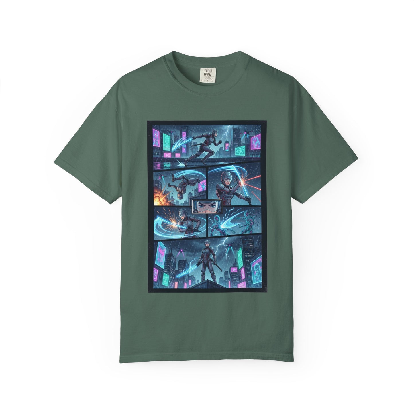 Cyberpunk Girl Samurai T-Shirt — Neon Manga Panel Graphic Tee