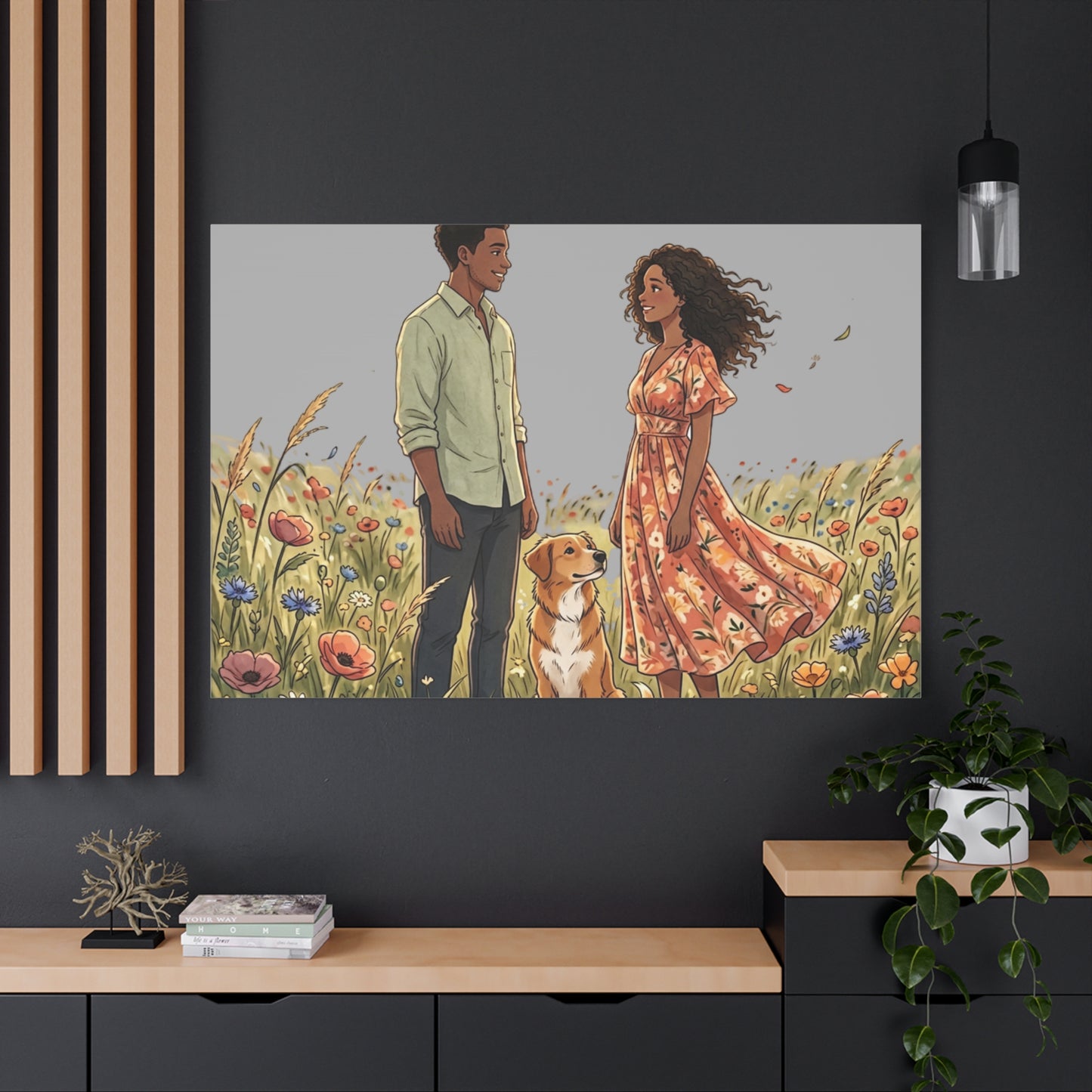 Romantic Couple in Wildflower Field Canvas Art — Black Love Wall Decor with Dog
