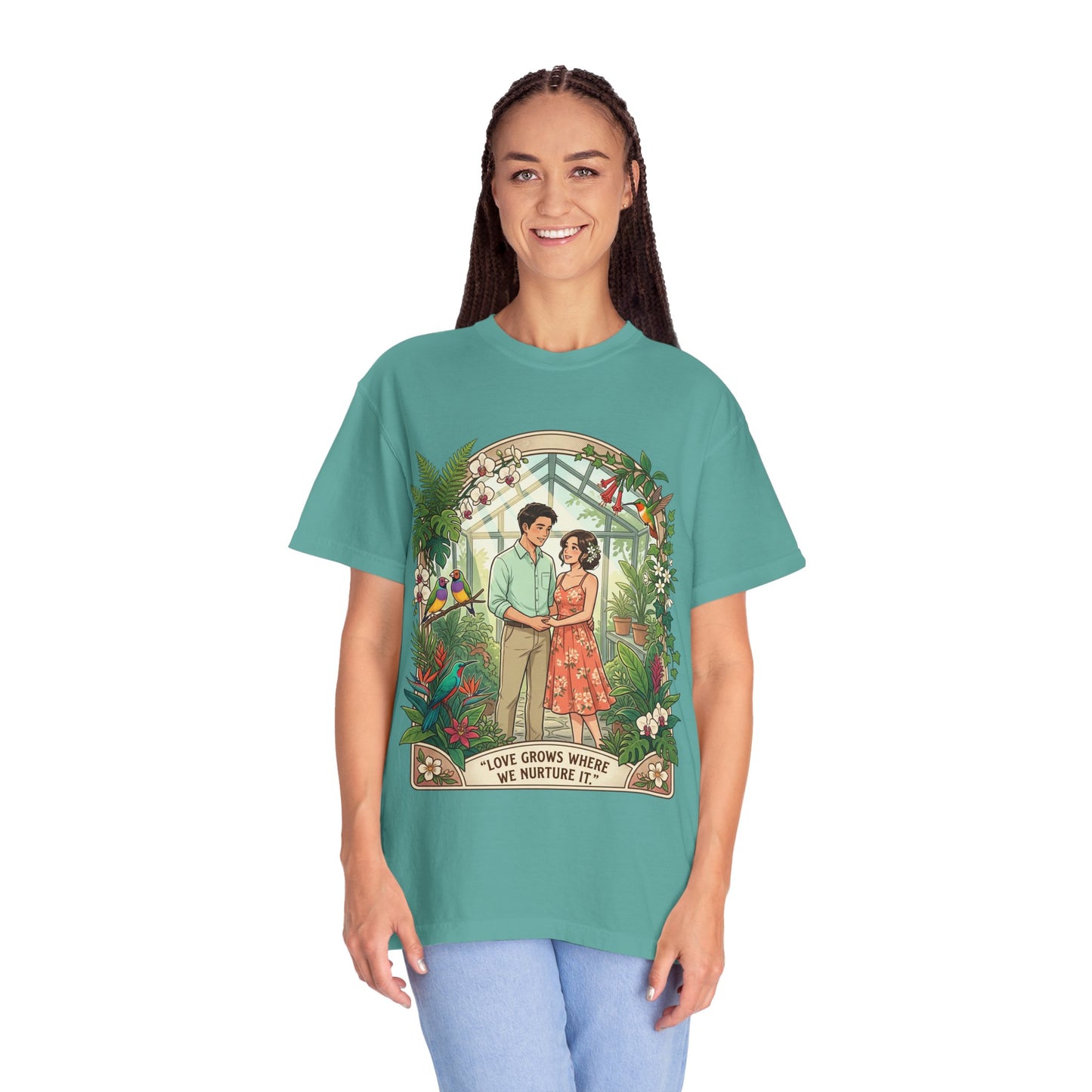 Romantic Greenhouse Couples T-Shirt — “Love Grows Where We Nurture It”