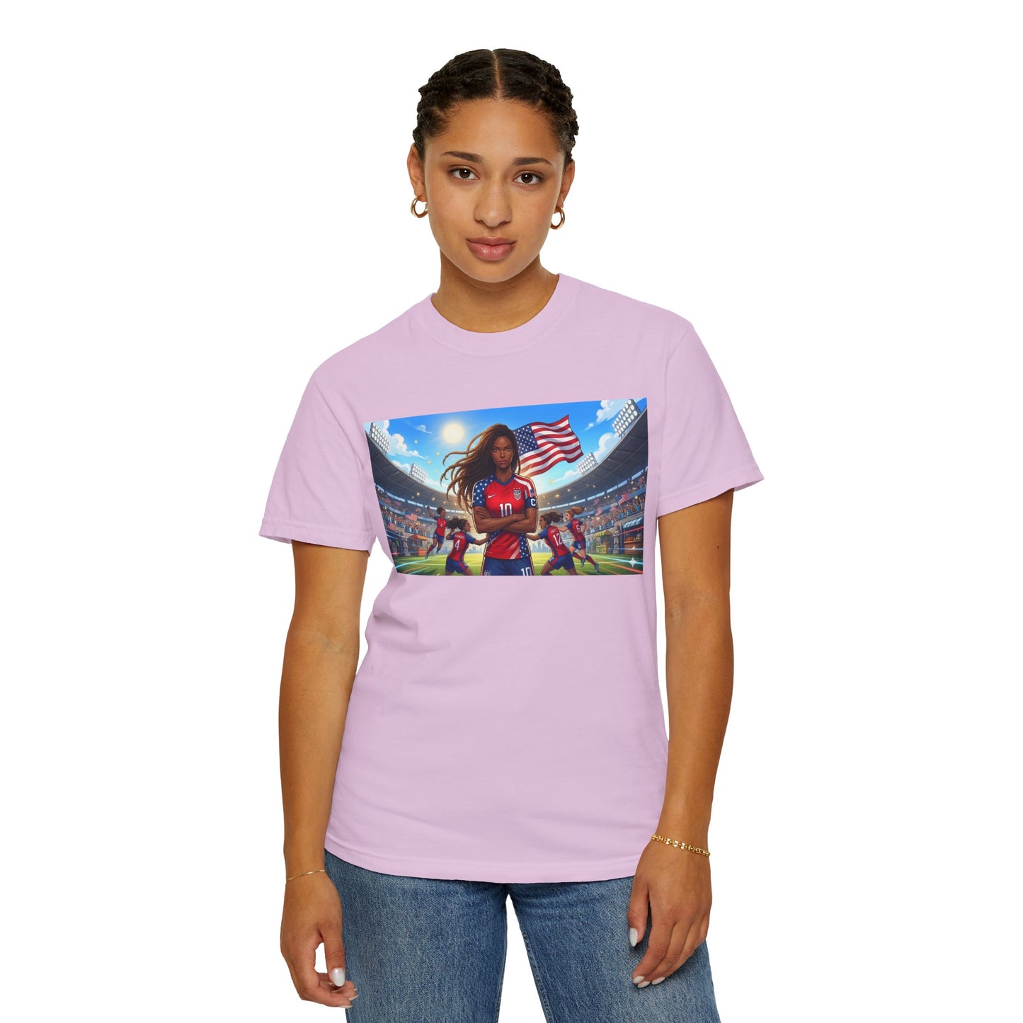Soccer Mom USA T-Shirt — Female Soccer Player with American Flag Stadium Graphic