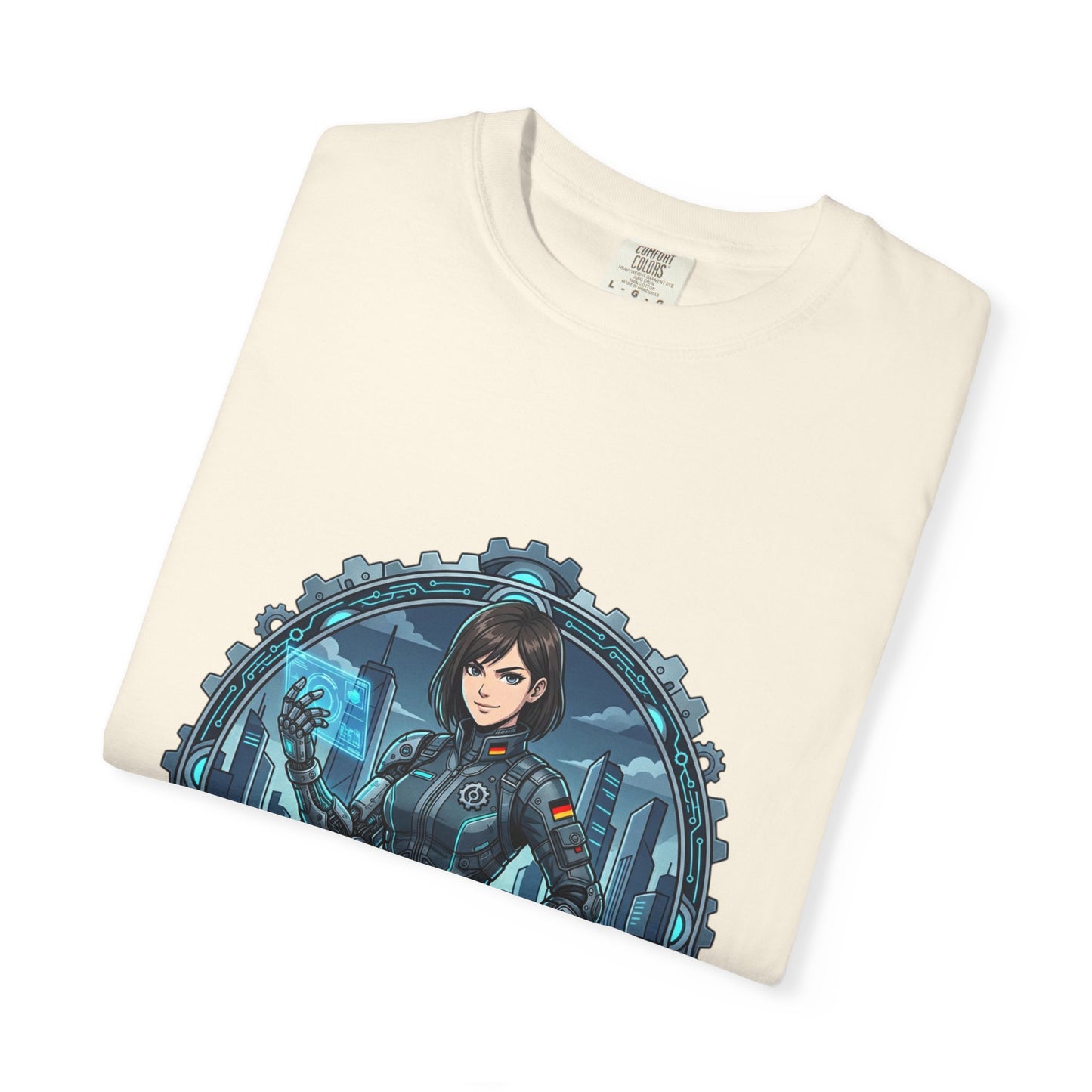 Cyber Ninja Graphic T-Shirt — Futuristic Female Warrior Illustration