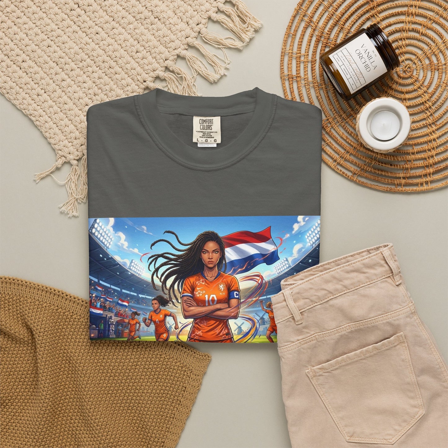 Soccer Warrior T-Shirt — Netherlands Female Captain with Flag Stadium Graphic