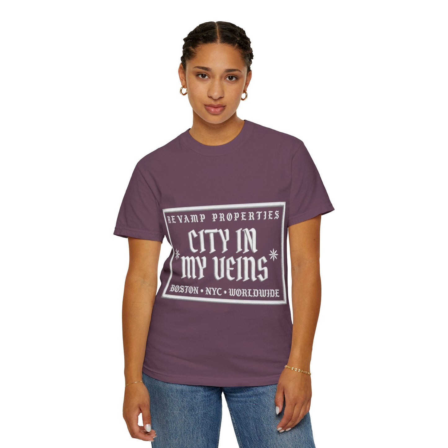 City In My Veins T‑Shirt — Vintage Cityscape Tee (Boston • NYC • Manchester)