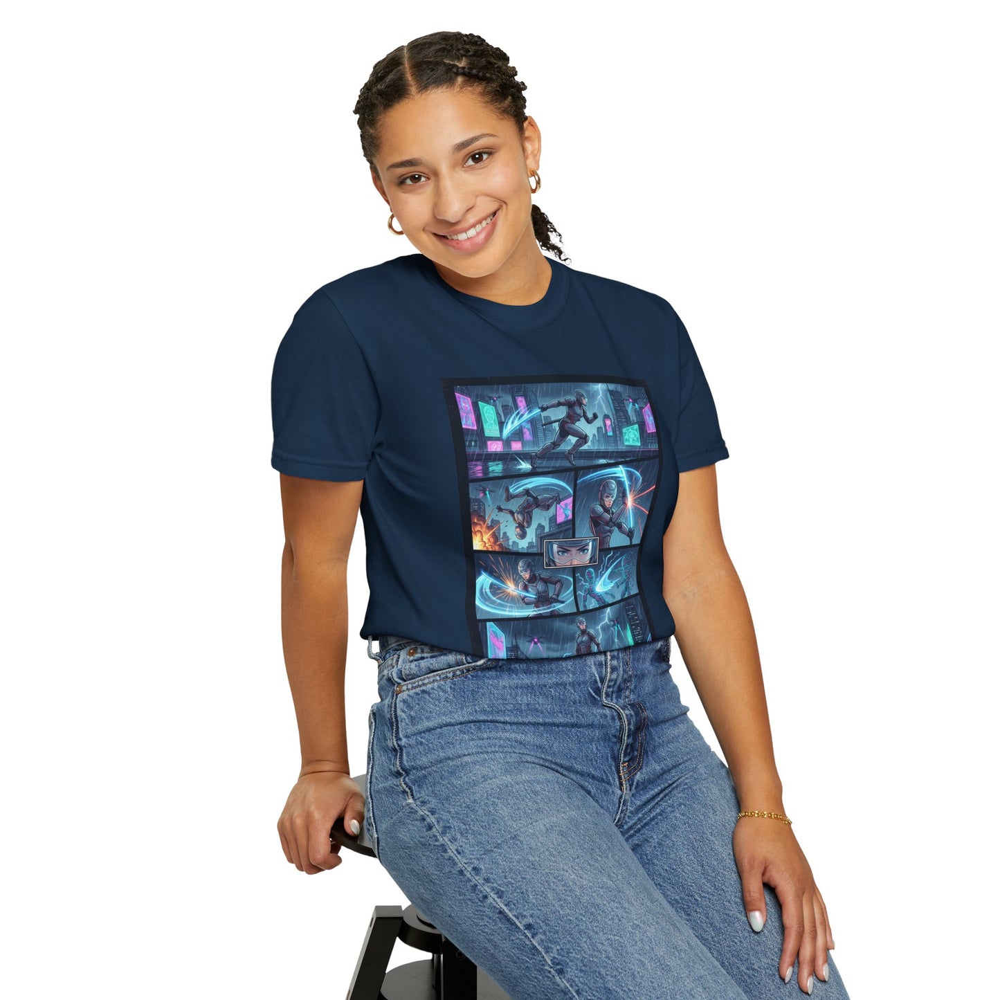 Cyberpunk Girl Samurai T-Shirt — Neon Manga Panel Graphic Tee