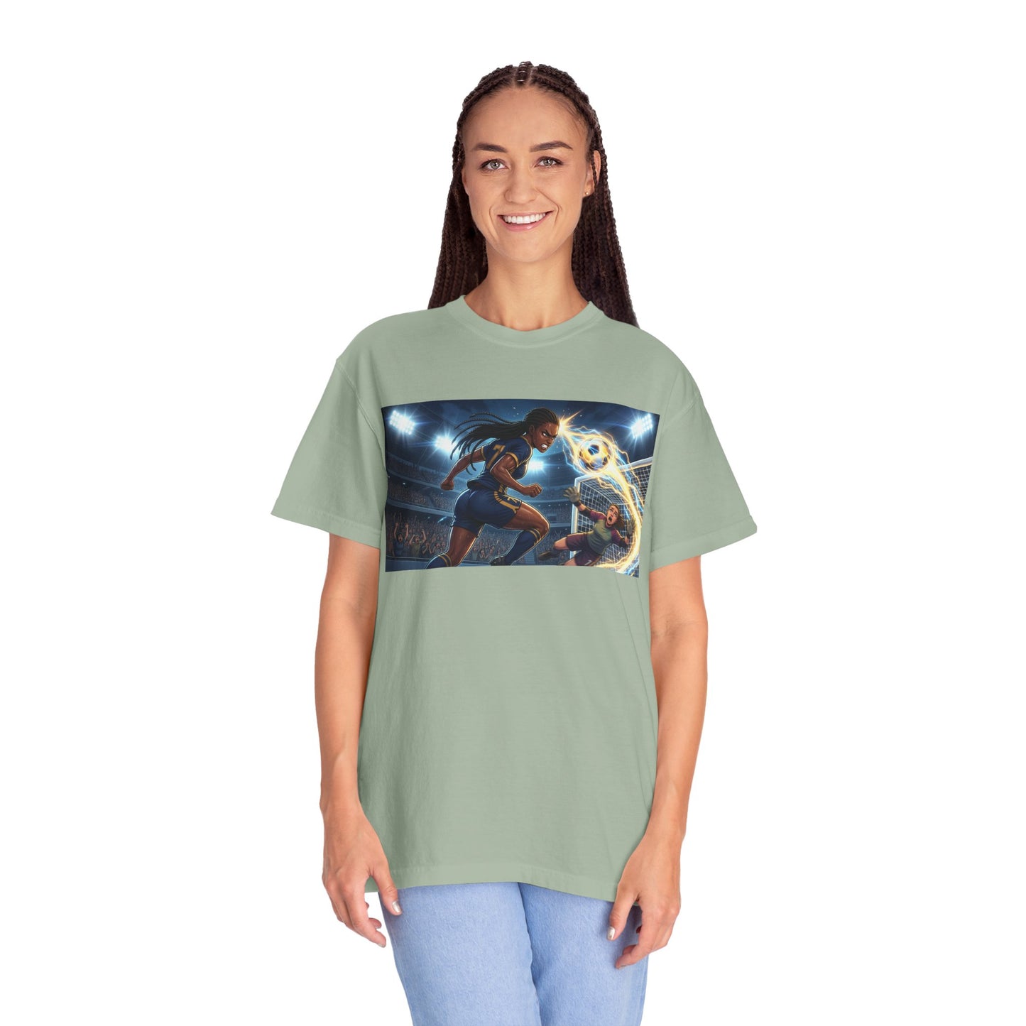 Soccer Duel Graphic T-Shirt — Futuristic Goalkeeper vs Striker Stadium Print