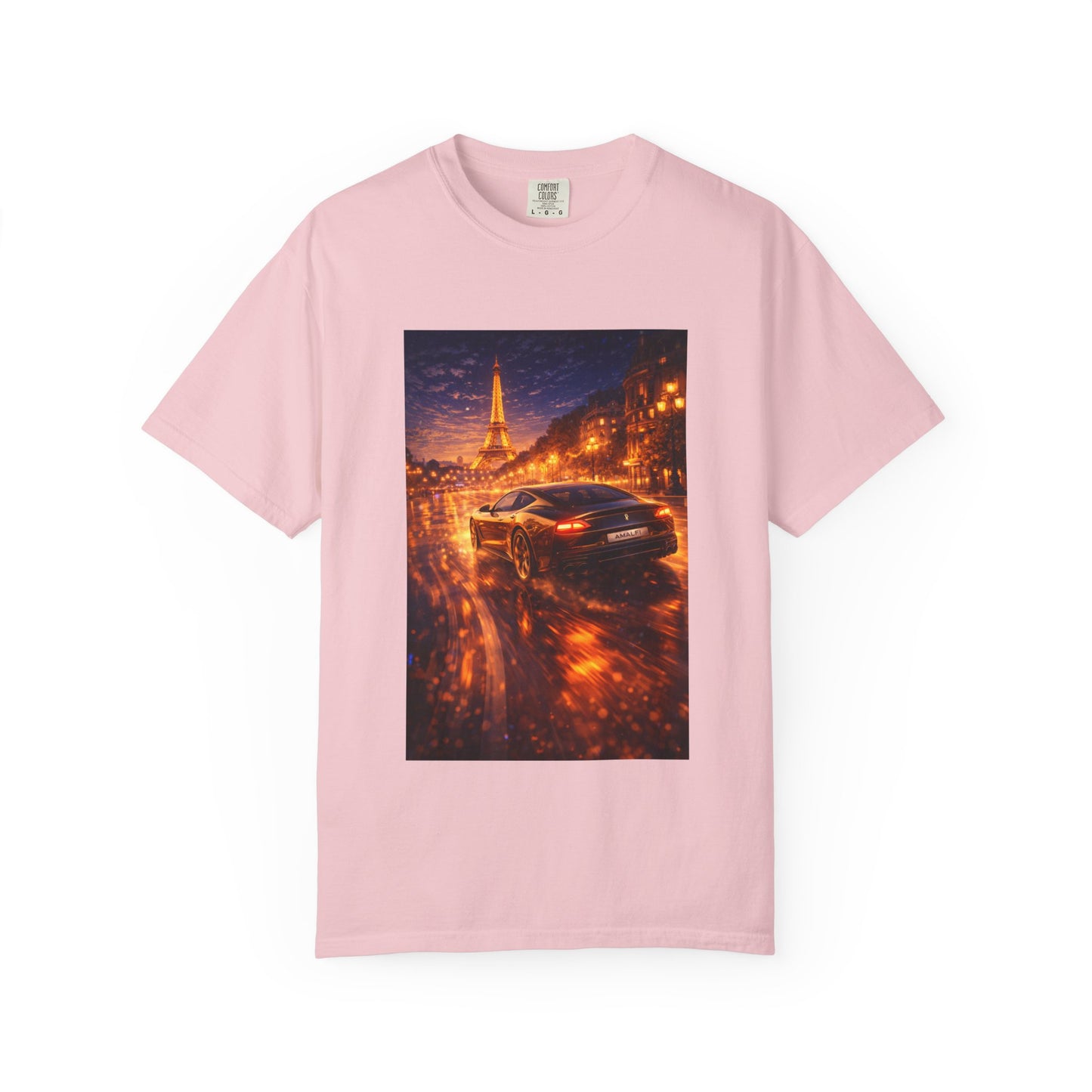 Paris Night Drive T-Shirt — Sports Car in Rainy Cityscape