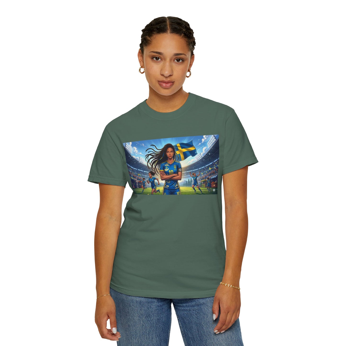 Swedish Soccer Pride T-Shirt — Female Footballer with Flag Stadium Design
