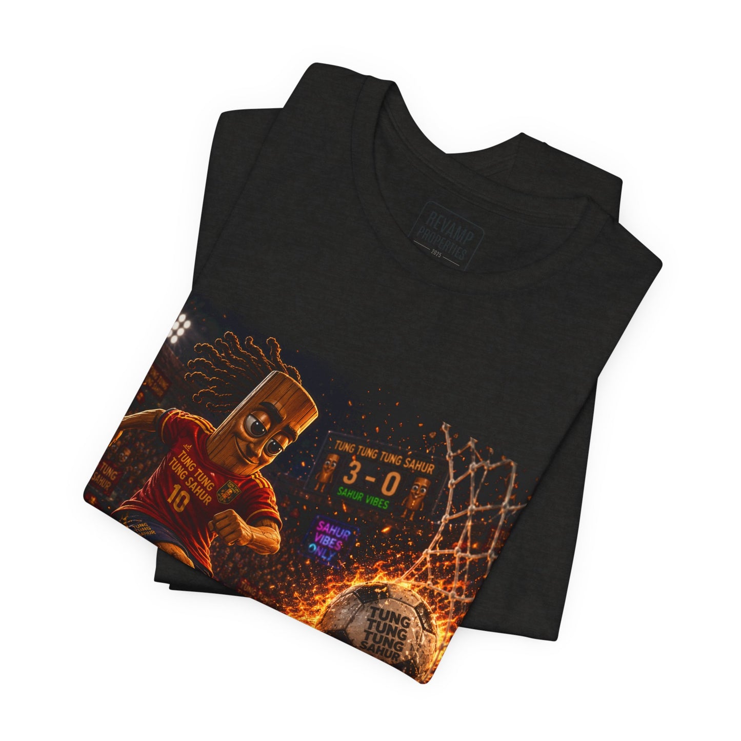 Tung Tung Tung Sahur Soccer Kick Firestorm Graphic Tee — ‘Goal’ Animated Kick Design