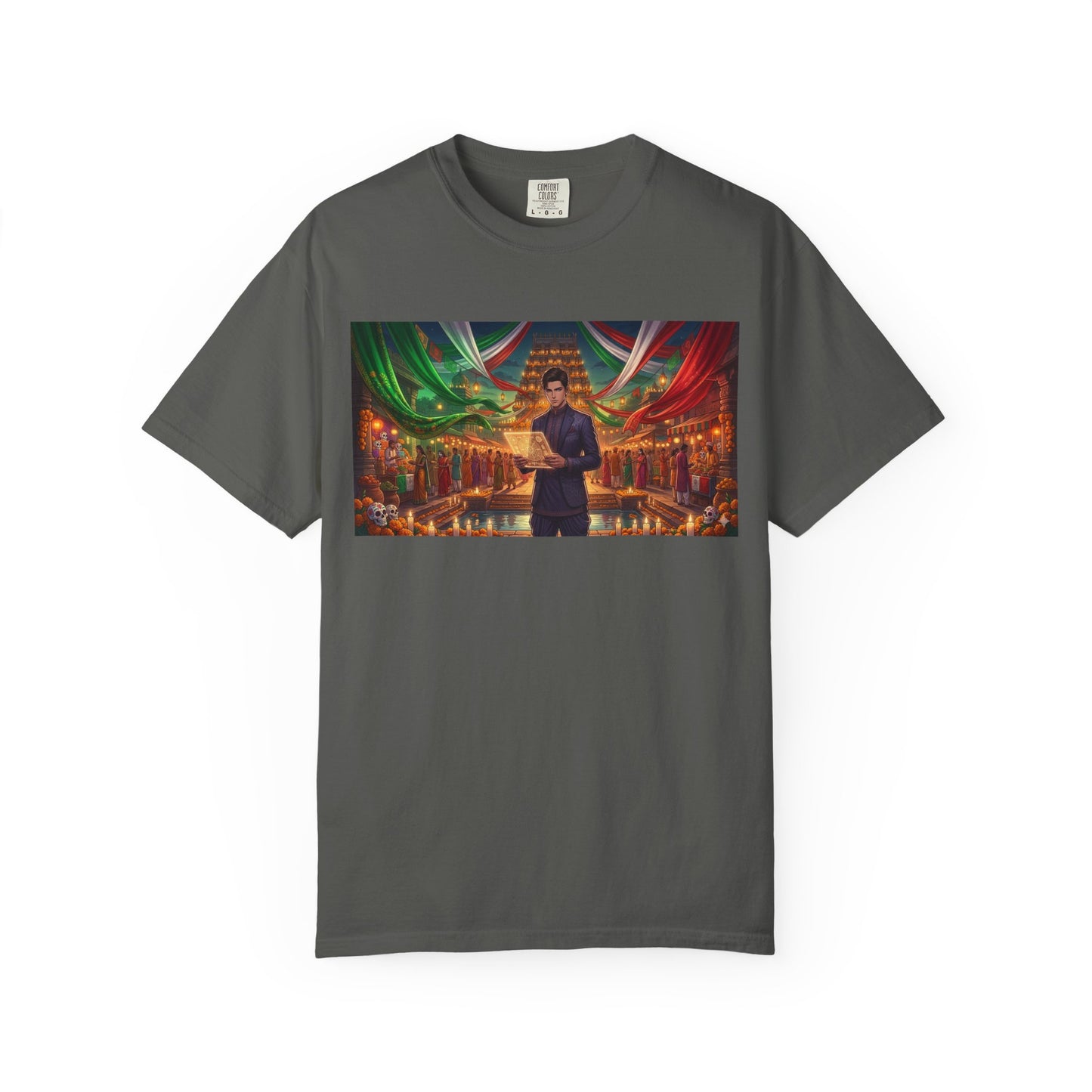T-Shirt — Dragon Temple Night Scene Graphic Tee (Monk with Dragons)