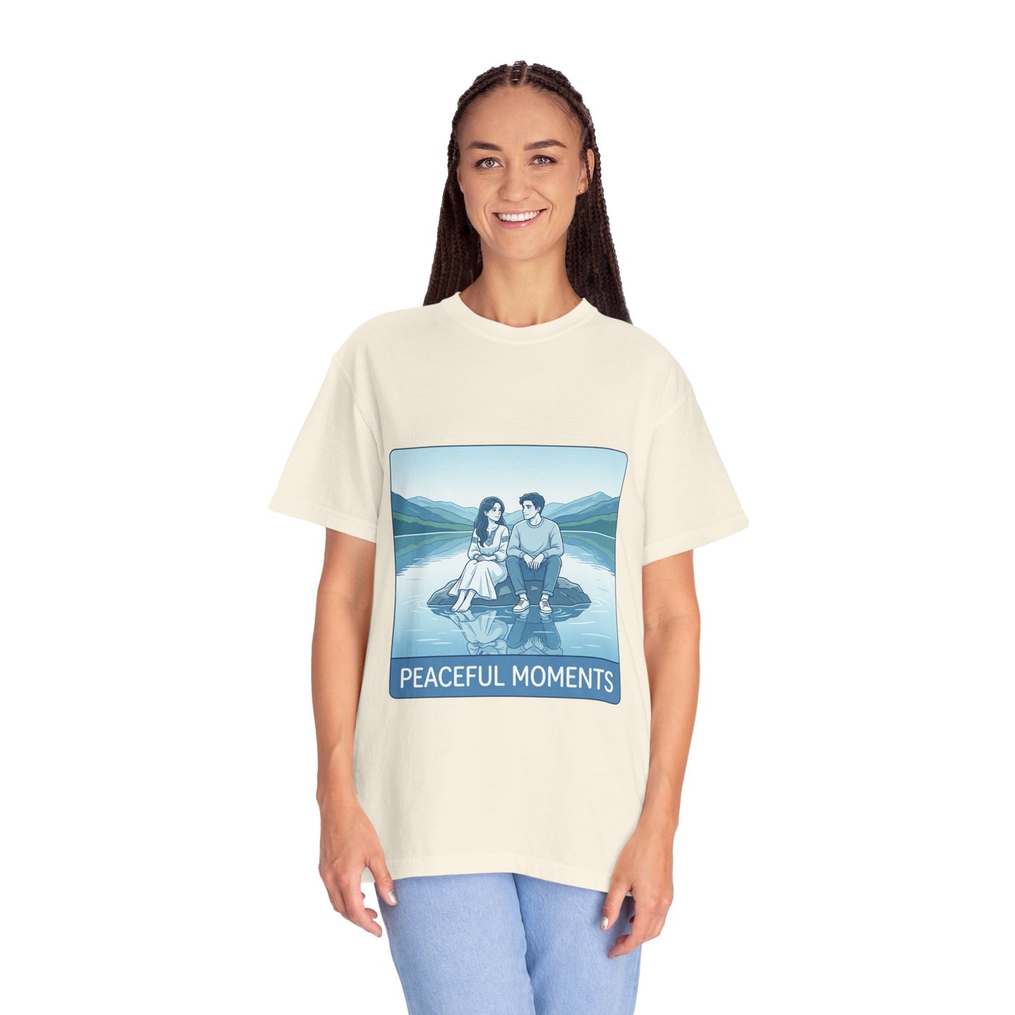 Peaceful Moments Tee — Couple Sitting by Lake Graphic T-Shirt