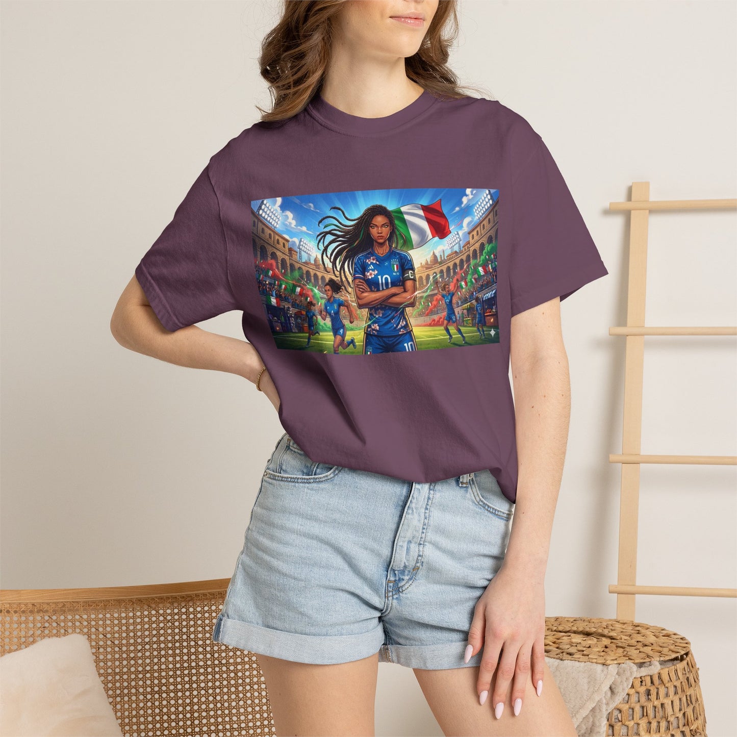 Italian Soccer Fan T‑Shirt – Inspirational Female Player with Italy Flag Stadium Print
