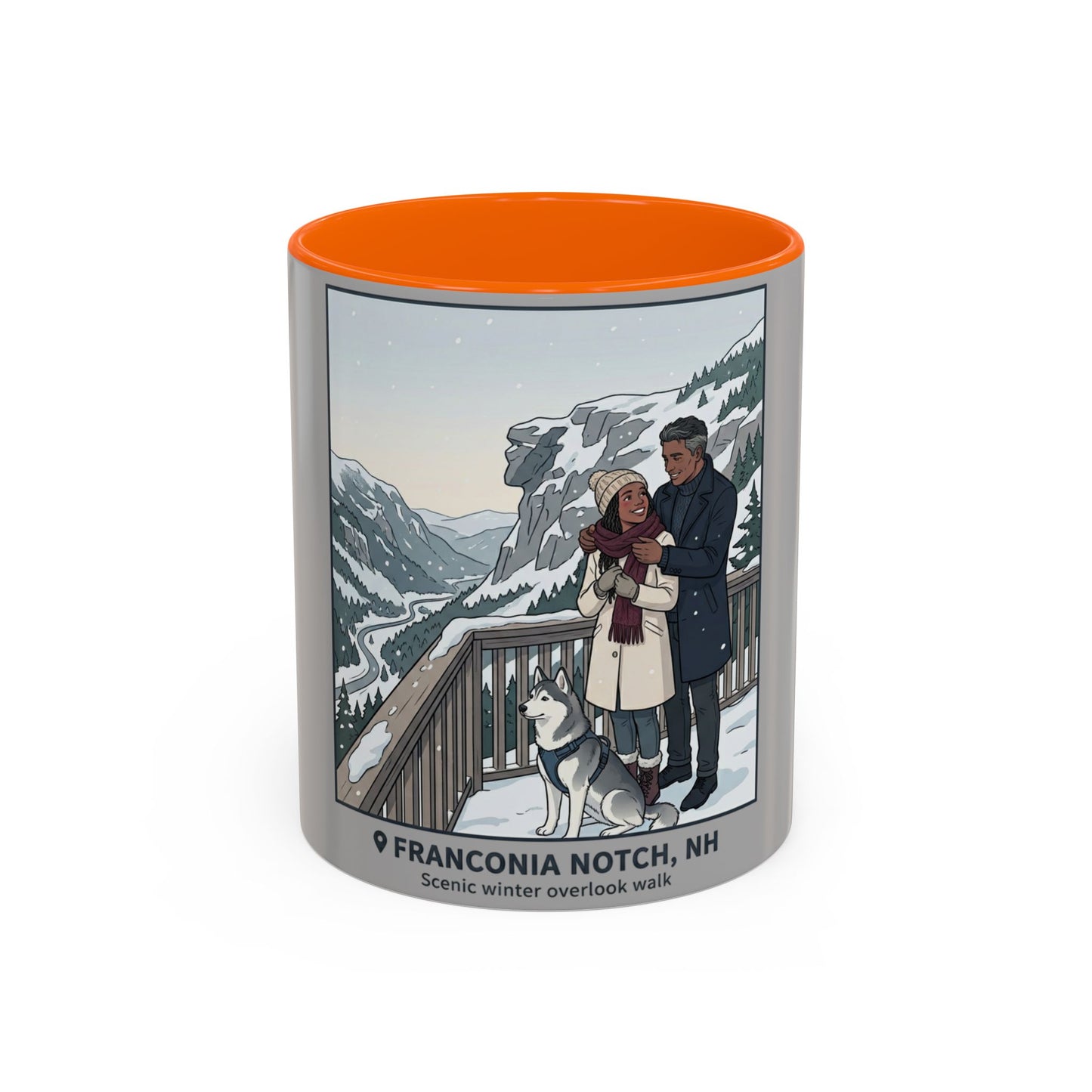 Franconia Notch Scenic Winter Mug — Couples & Dog Snowy Overlook Coffee Cup (11/15oz)