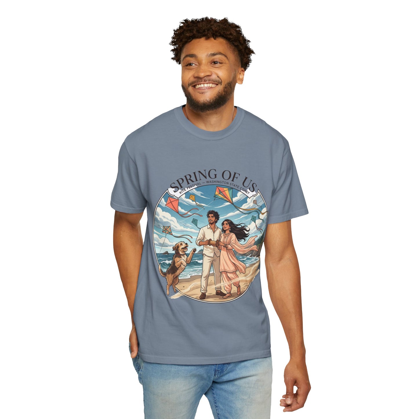 Spring of Us T-Shirt — Romantic Beach Couple Illustration with Dog
