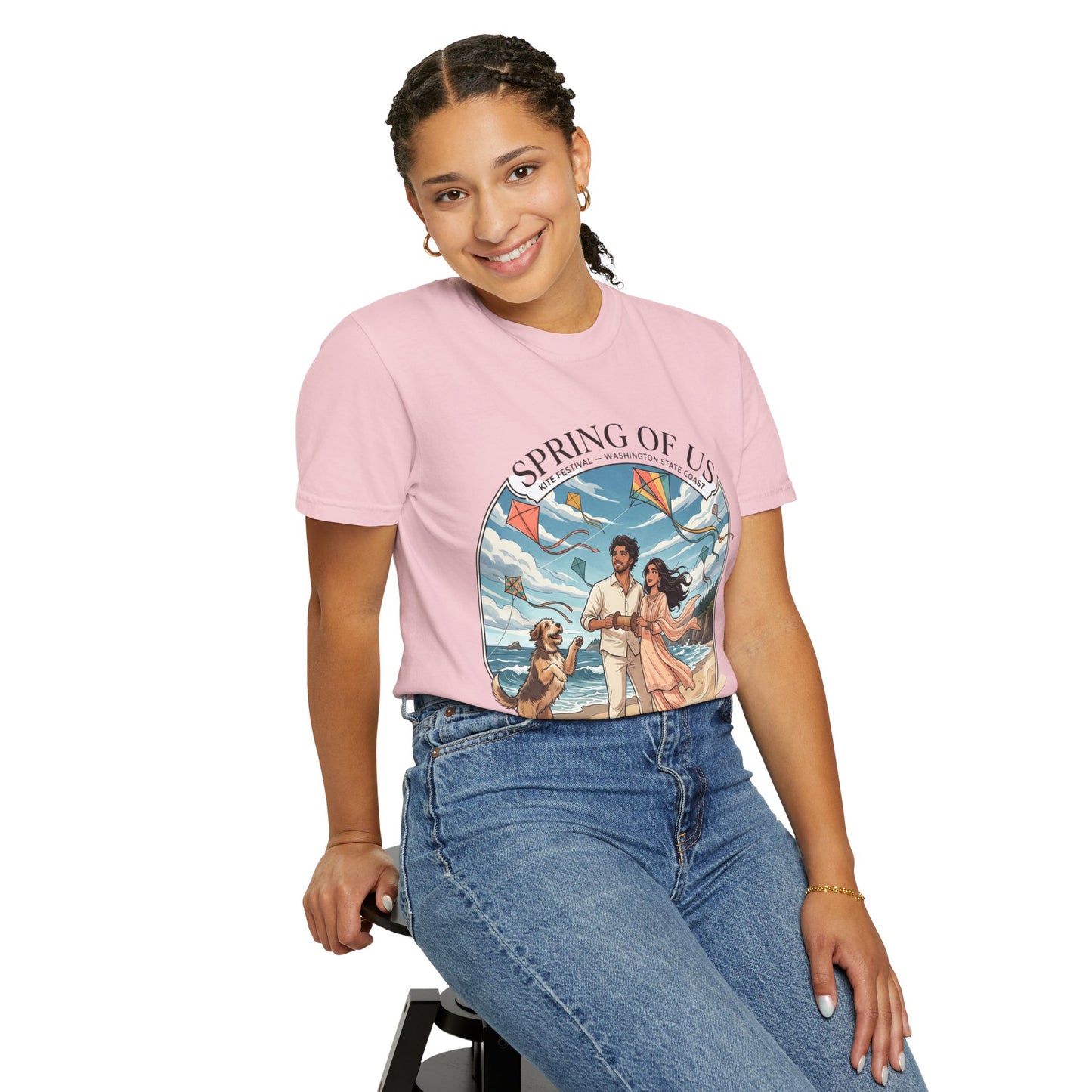 Spring of Us T-Shirt — Romantic Beach Couple Illustration with Dog