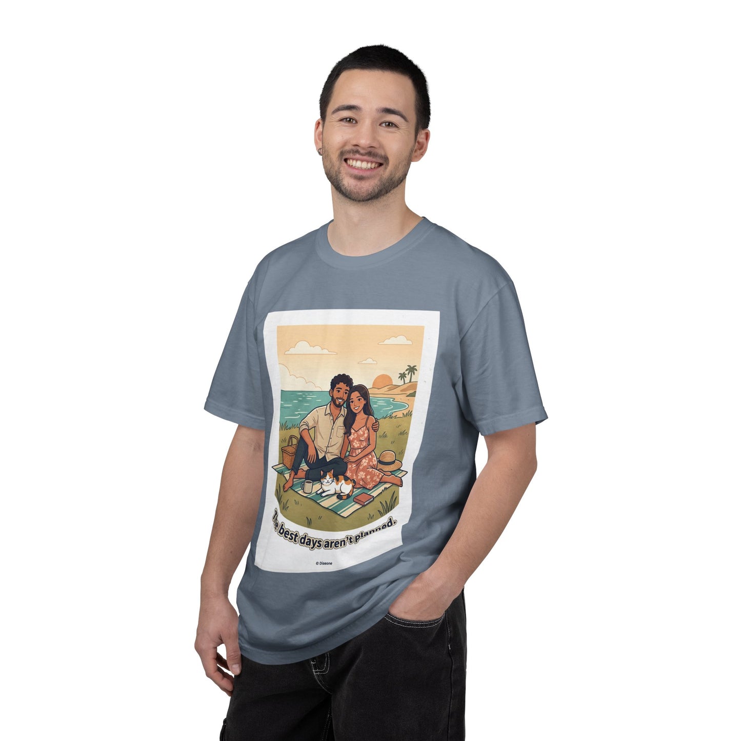 Beach Picnic Couple T‑Shirt — “The best days aren’t planned.” Relaxed Vacation Tee